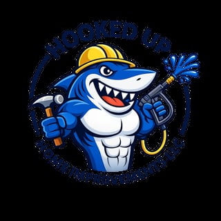 Cartoon blue shark mascot wearing yellow hard hat, holding wrench and plunger, muscular torso, text Hooked Up Home Improvement around circular logo